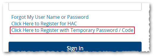 HAC Register with Temporary Password Link